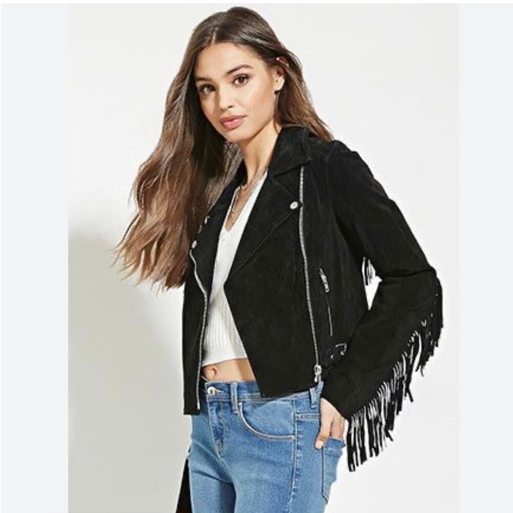 Forever 21 Black suede Western frilled asymmetrical moto biker goth jacket szM